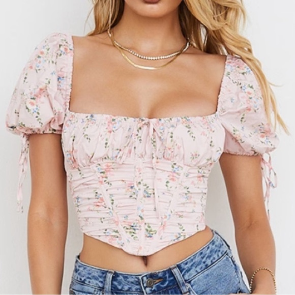 House of CB Tops - House of CB GRACIE PINK FLORAL PUFF SLEEVE CORSET TOP Size Large New with Tag